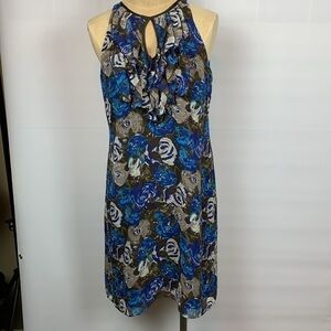 Ann Taylor sleeveless blue and brown floral print dress with ruffle front, 10P